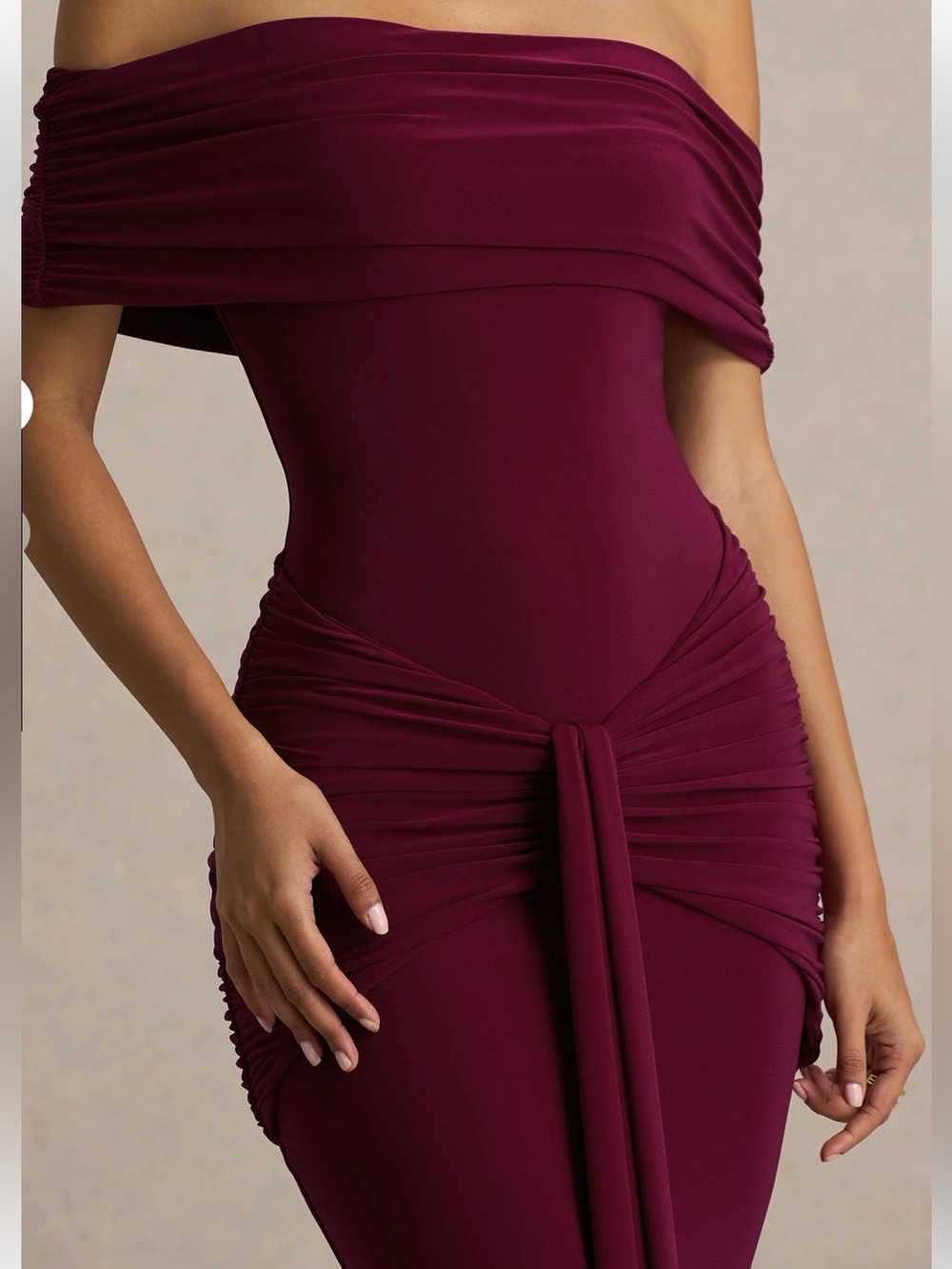 Club L London Off-Shoulder Burgundy Strapless Evening Gown - Picture 2 of 4